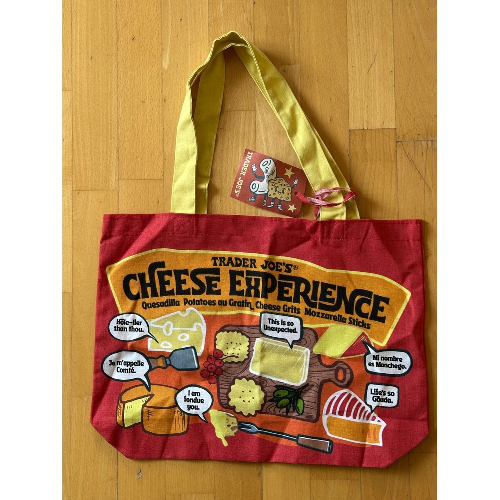 Trader Joes Cheese Bag Heavy Duty Cotton Canvas Tote Red Yellow Graphic 80578